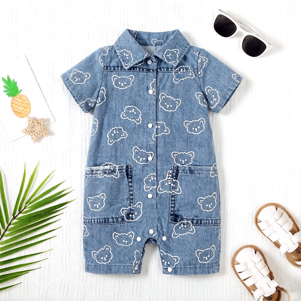 Adorable Bear Printed Denim Short Sleeve Baby Jumpsuit
