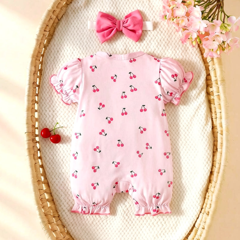2PCS Sweet Cherry Print Bow Puff Sleeve Baby Jumpsuit
