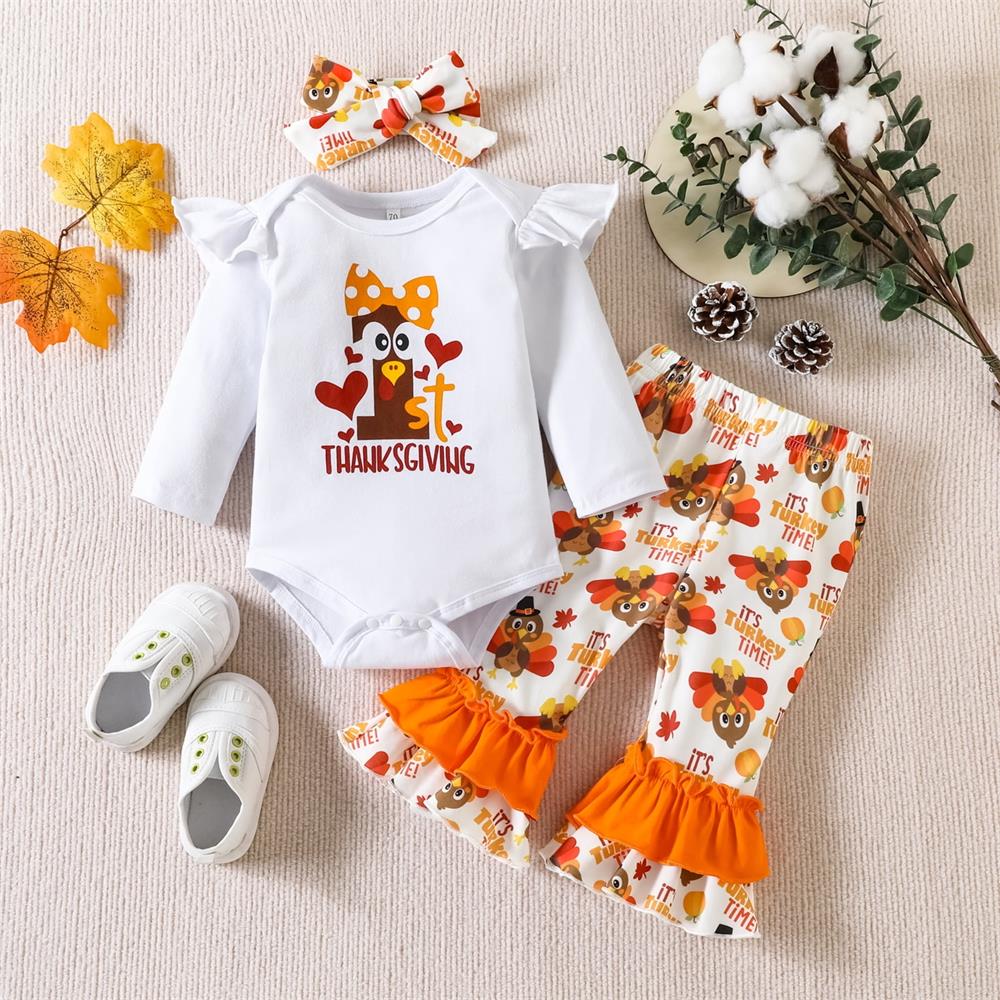 3PCS 1st Thanksgiving Letter Turkey Print Long Sleeve Baby Set
