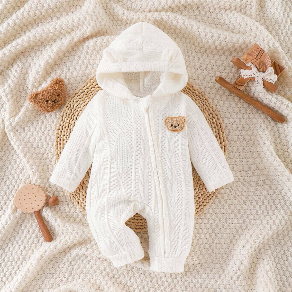 Sweet Bear Applique Long Sleeve Knitted Baby Zipper Hoodie Jumpsuit