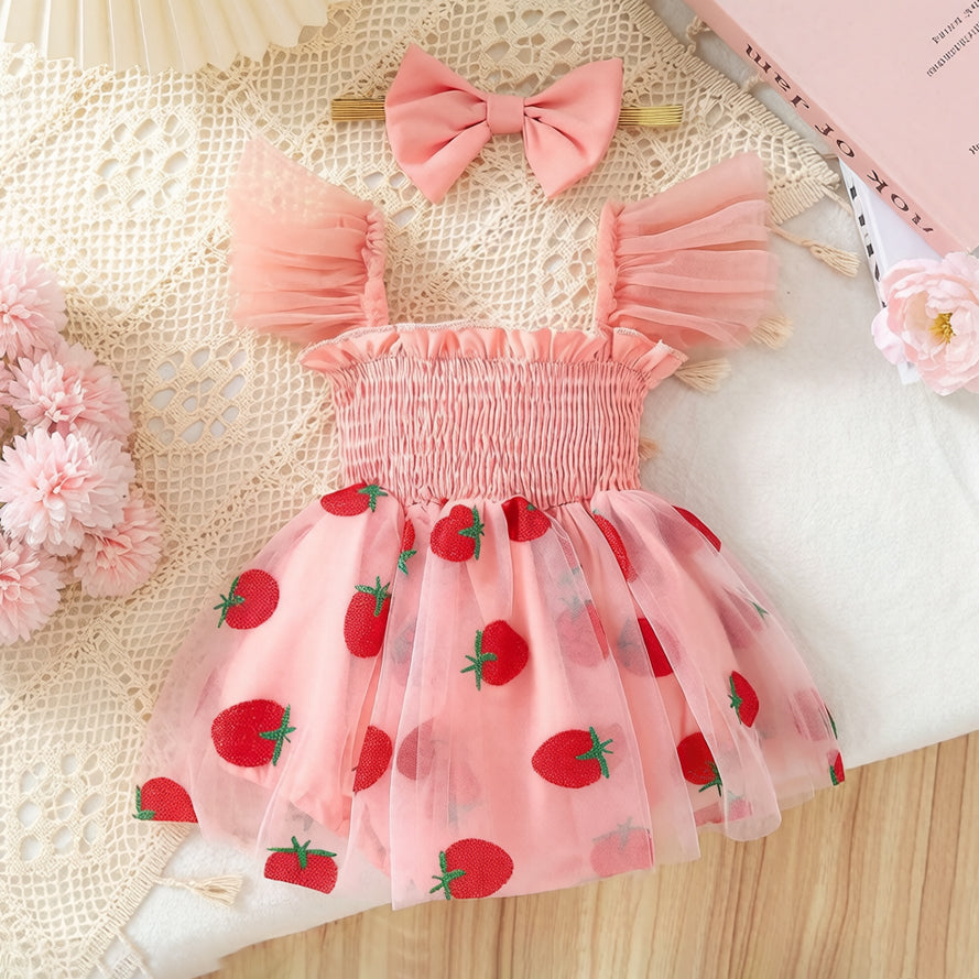 2PCS Pretty Strawberry Printed Flounce Sleeve Tulle Baby Romper