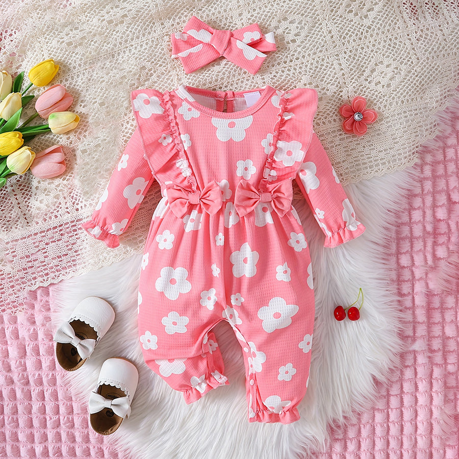 2PCS Comfortable All Over Floral Printed Long Sleeve Baby Jumpsuit