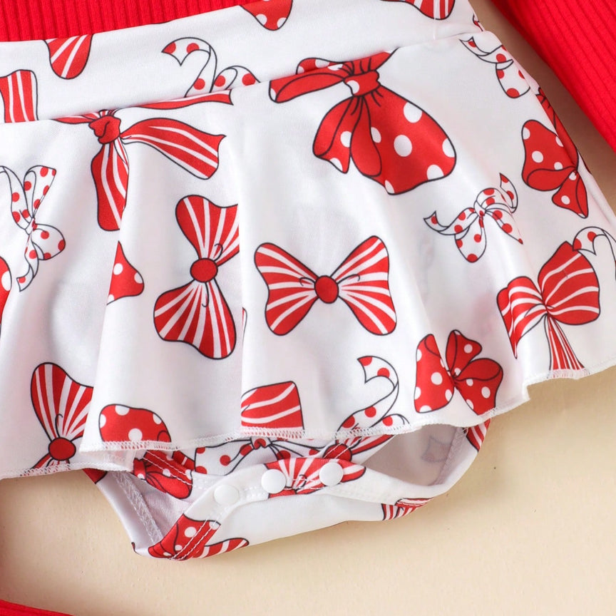 3PCS Christmas Bowknot Printed Baby Romper