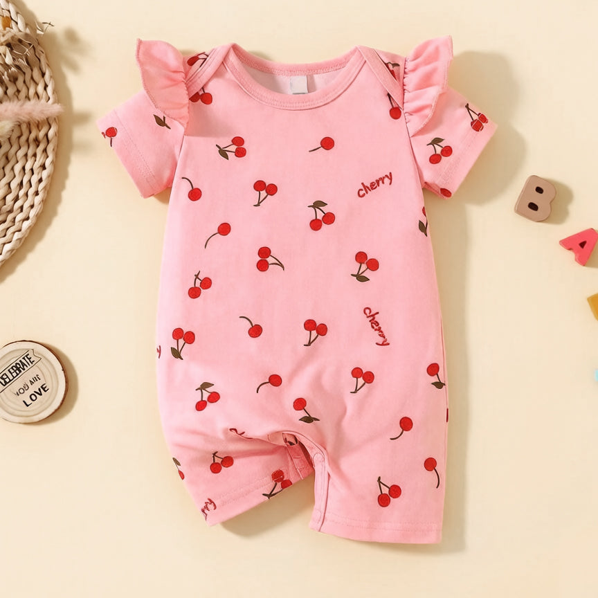 Elegant Cherry Print Short Sleeve Baby Jumpsuit