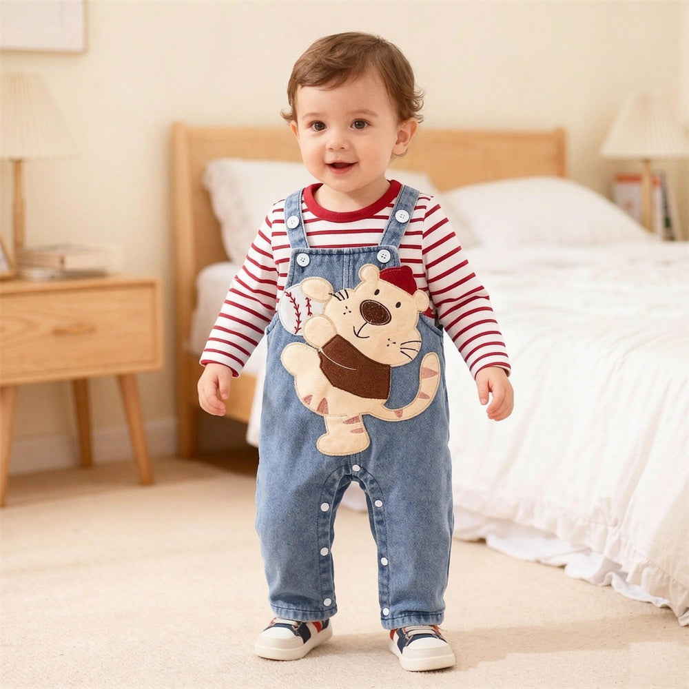 2PCS Tiger Applique Stripe Print Long Sleeve Baby Denim Overalls Set