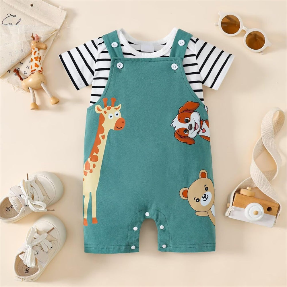 2PCS Cute Animal Printed Striped Short Sleeve Baby Overalls Set