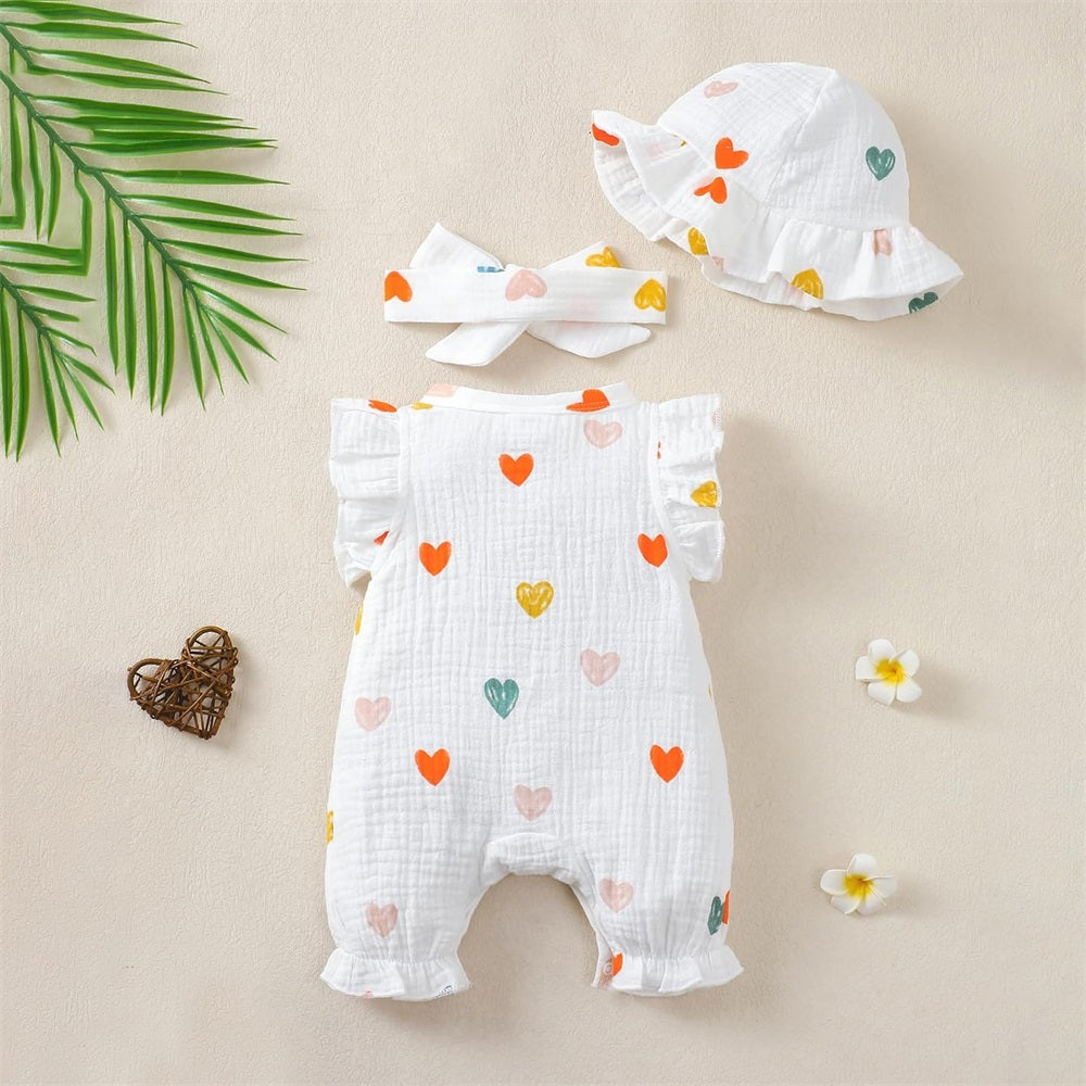 3PCS Trendy Heart Print Sleeveless Baby Jumpsuit