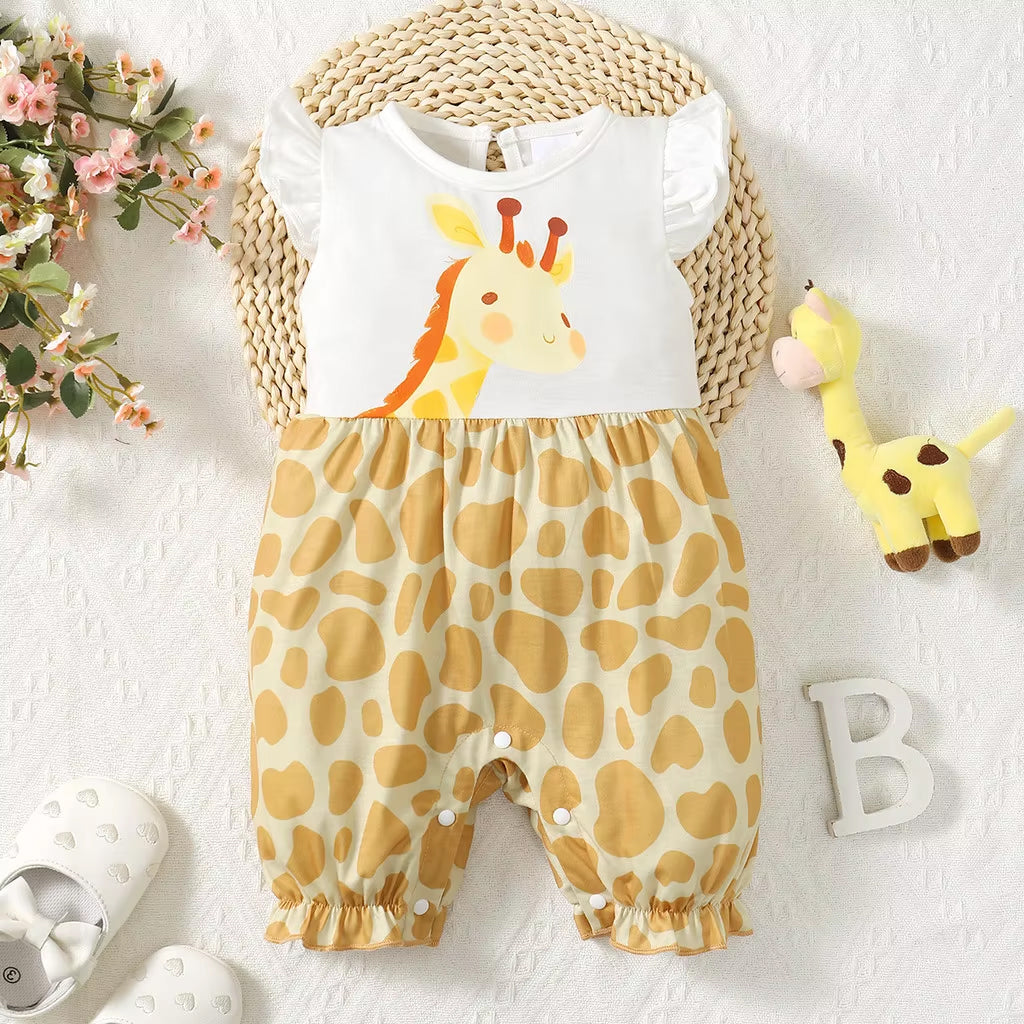 Cute Giraffe Print Flutter Sleeve Baby Jumpsuit