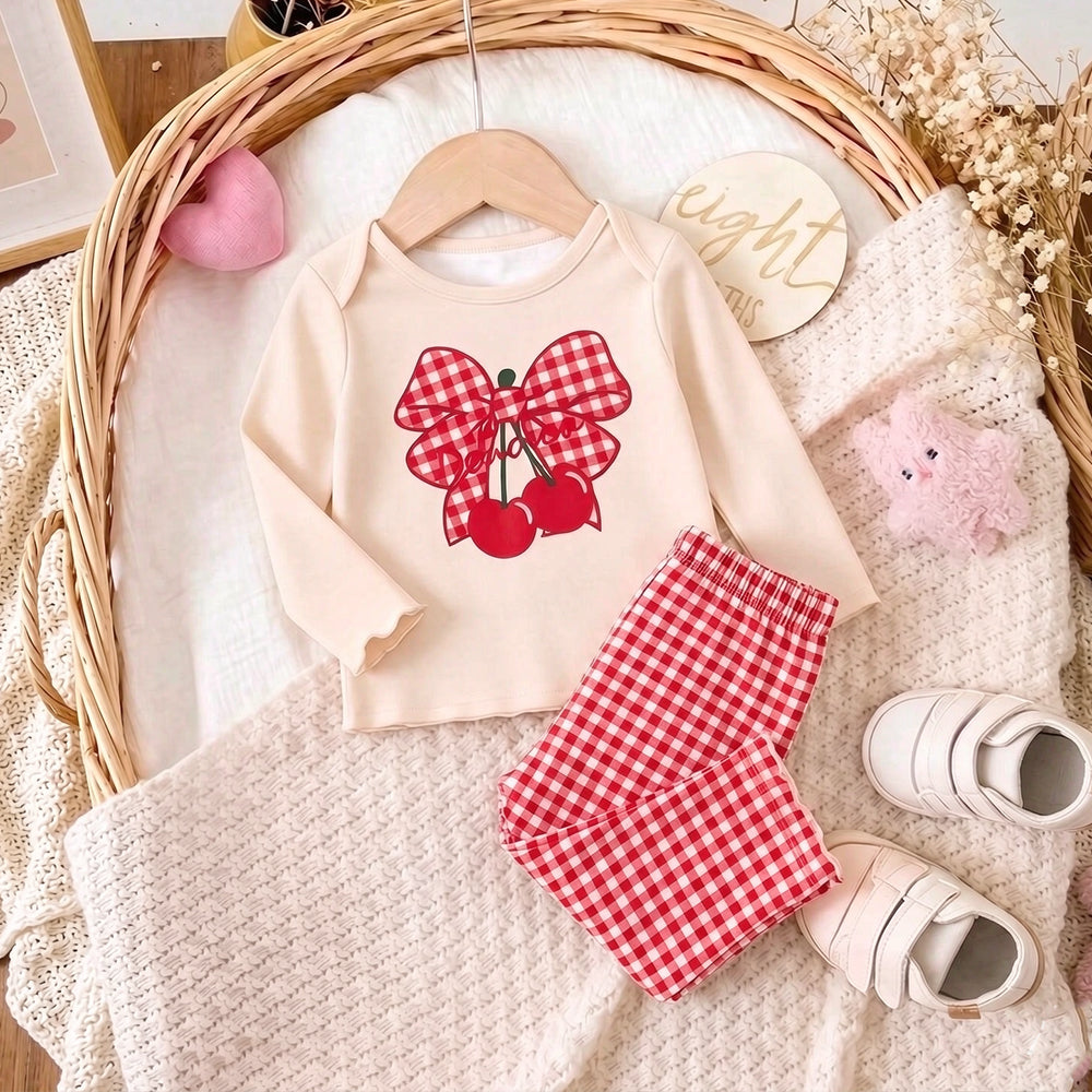 2PCS Lovely Bow Cherry and Plaid Print Long Sleeve Baby Girl Set
