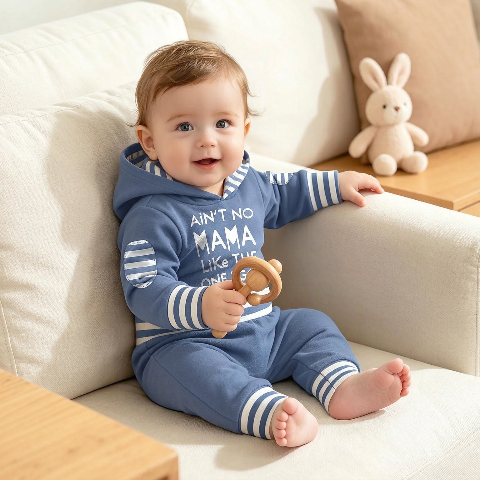 2PCS Ain't No Mama Letter Stripe Printed Long Sleeve Baby Hooded Set
