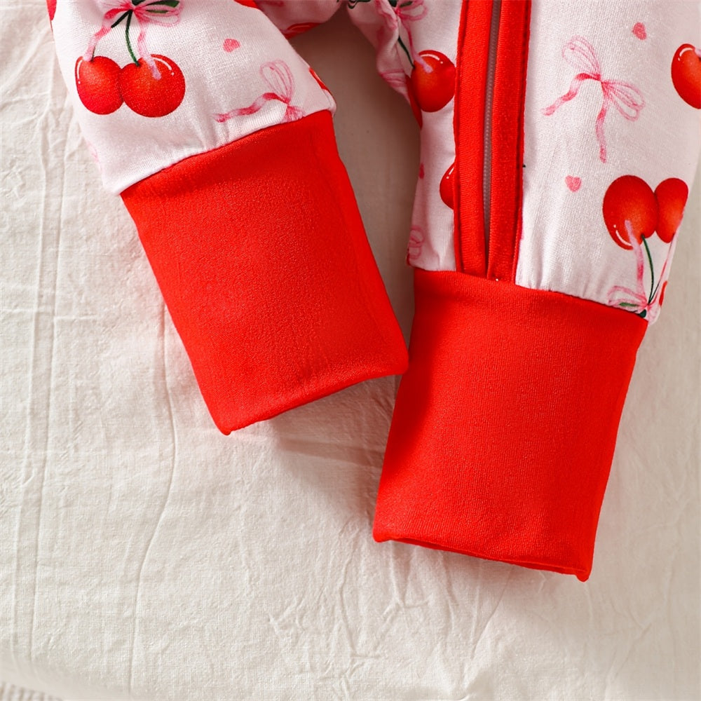 Vibrant Cherry Bow Printed Long Sleeve Zipper Baby Jumpsuit