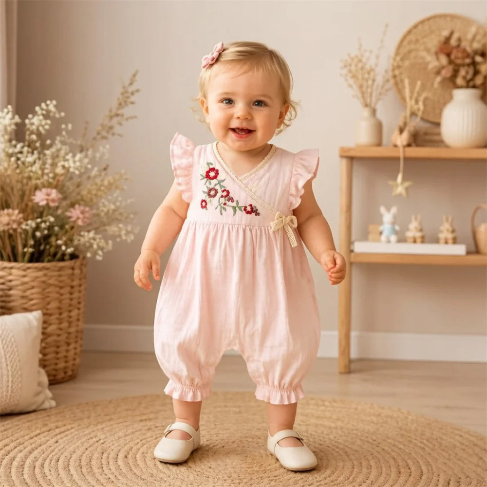 Cheerful Floral Embroidery Flutter Sleeve Baby Jumpsuit