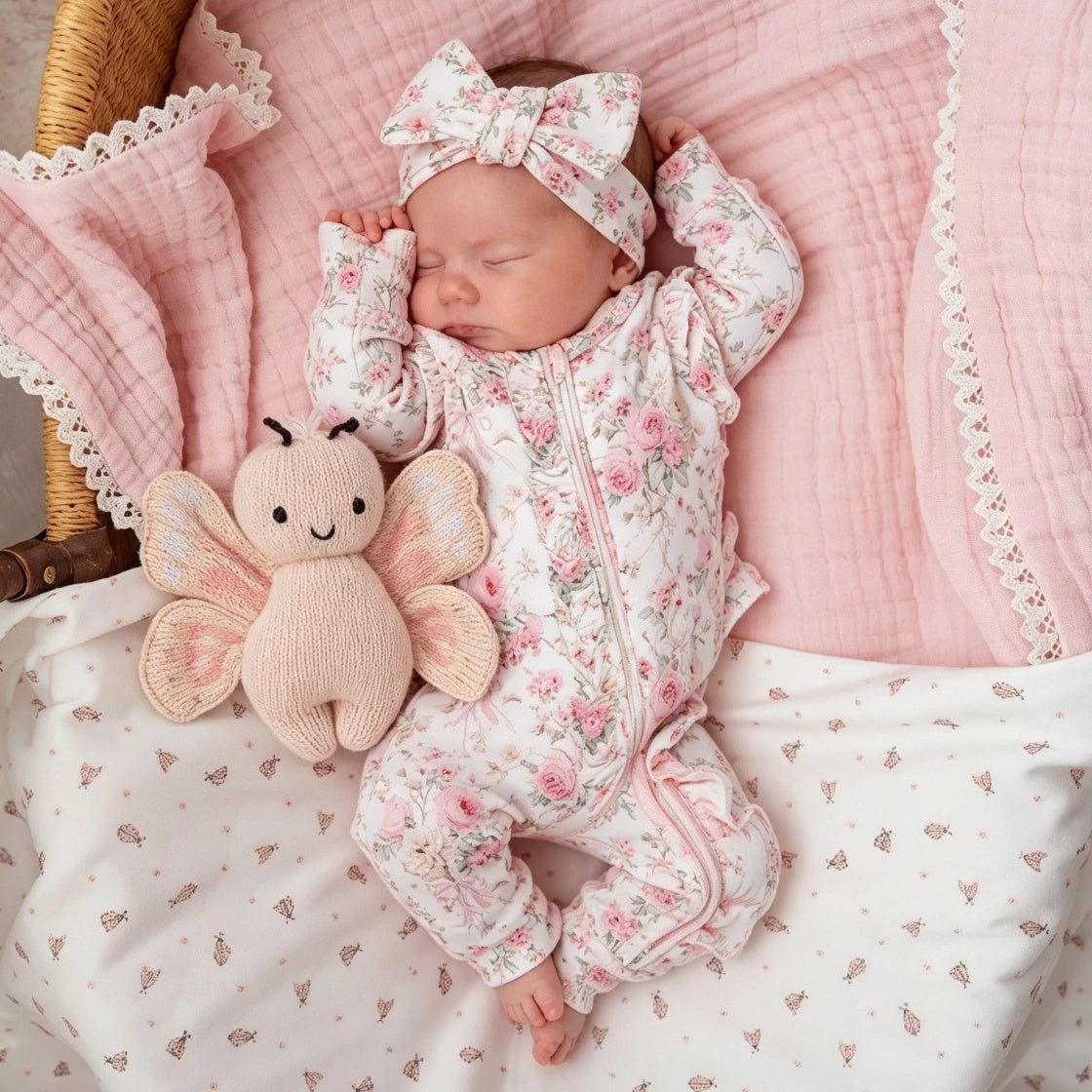 2PCS Bubbly Floral Printed Ruffle Zipper Long Sleeve Baby Jumpsuit