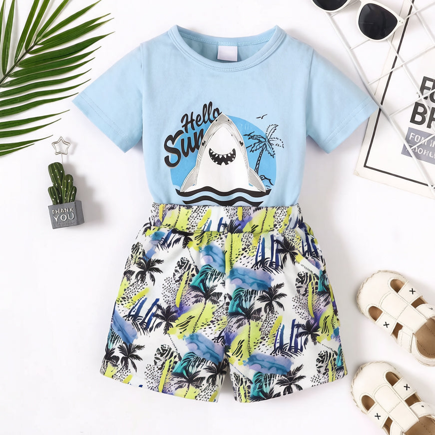 2PCS Stylish Shark Coconut Tree Printed Short Sleeve Baby Set