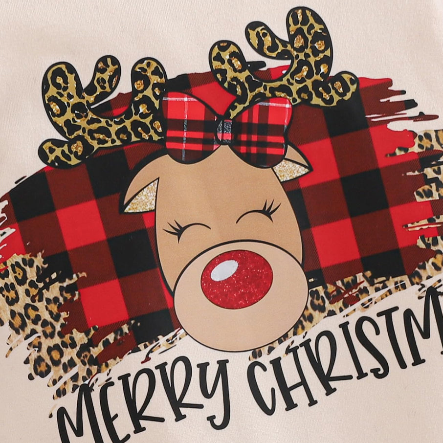 2PCS Christmas Deer Plaid Printed Baby Jumpsuit