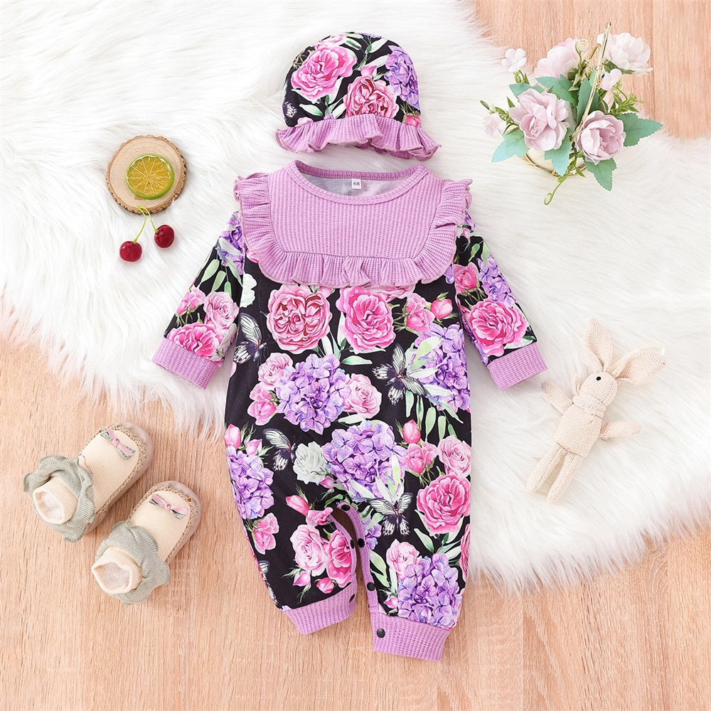 2PCS Floral Print Ruffle Trim Long Sleeve Baby Jumpsuit