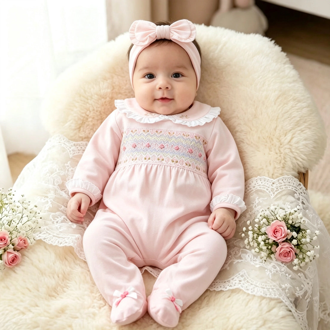 2PCS Smocked Floral Embroidery Long Sleeve Baby Girl Jumpsuit