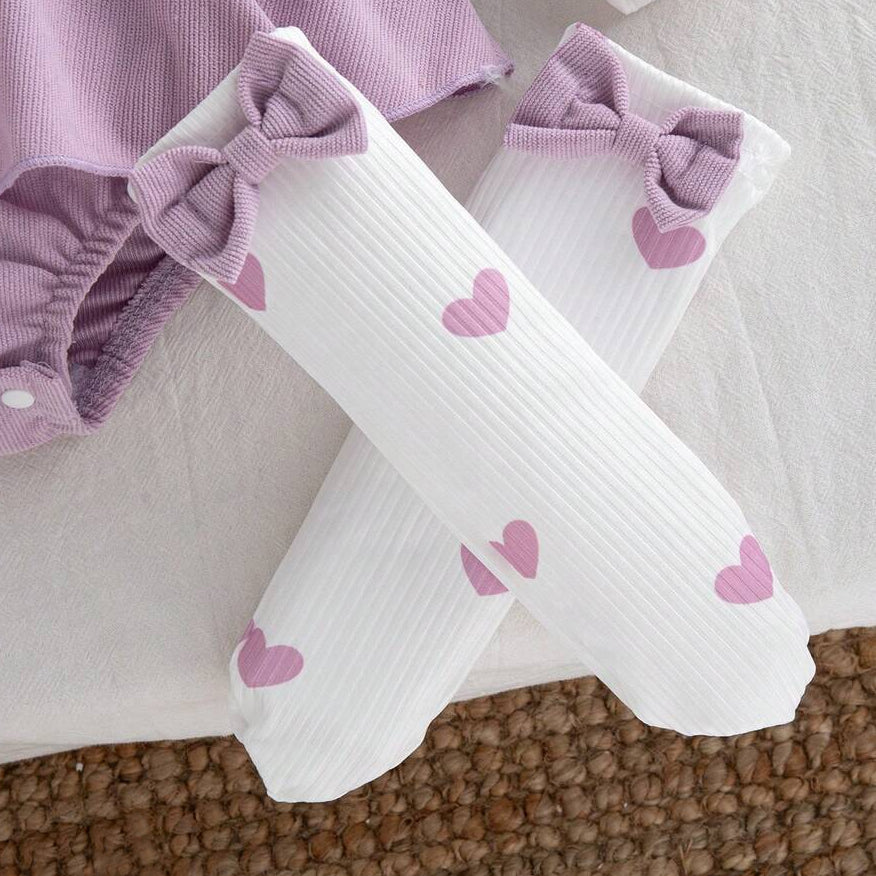 3PCS Lovely Heart Print Bow Long Sleeve Baby Girl Romper