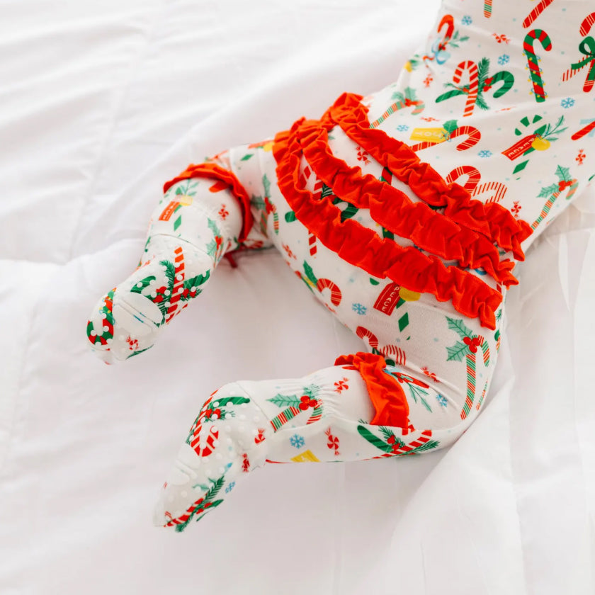 Candy Canes Print Ruffle Long Sleeve Baby Jumpsuit