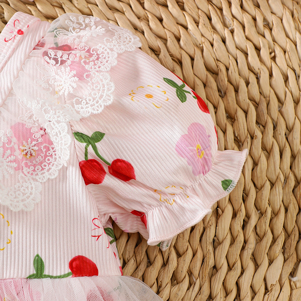 2PCS Adorable Cherry Print Tulle Short Sleeve Baby Romper