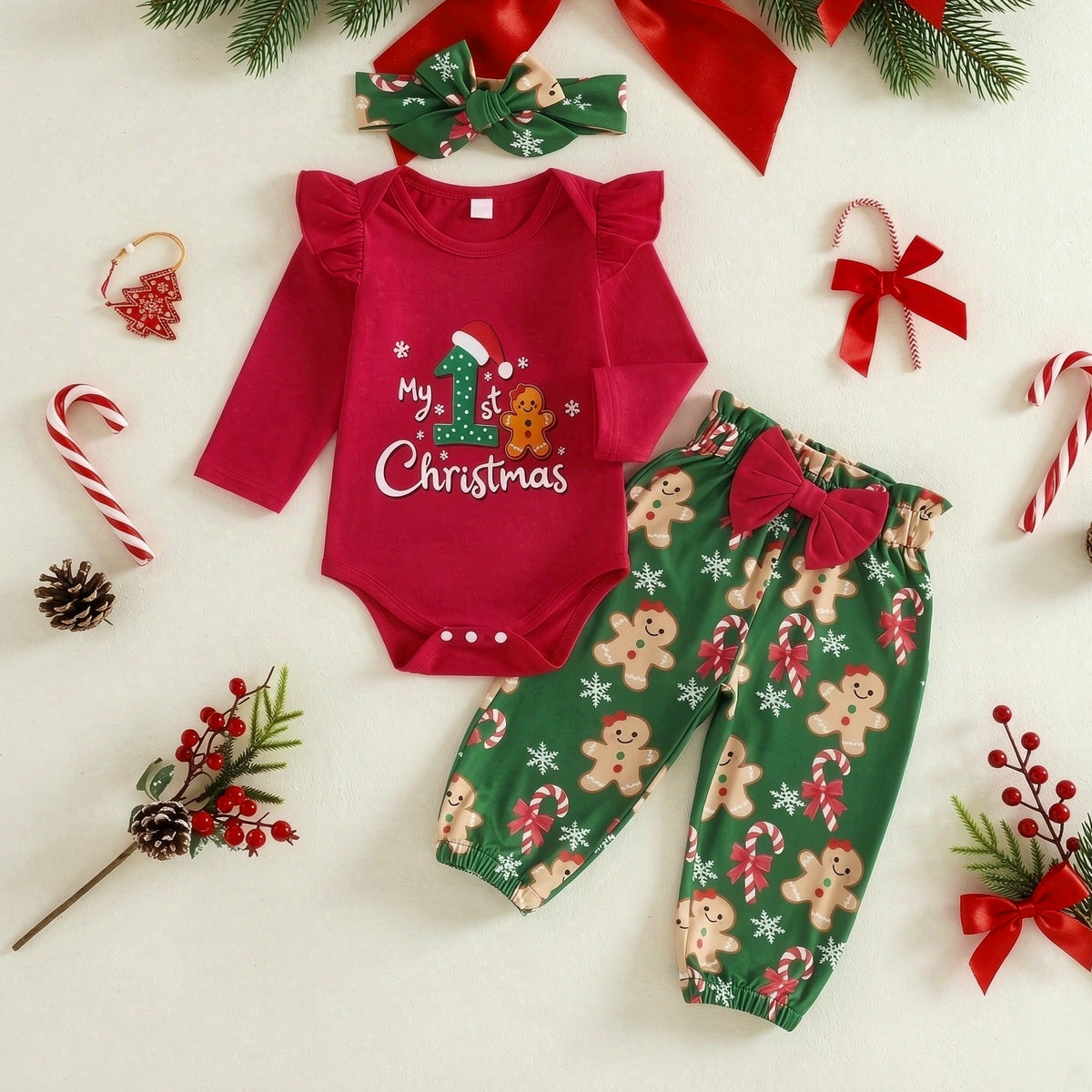 3PCS My 1st Christmas Letter Gingerbread Print Long Sleeve Baby Girl Set