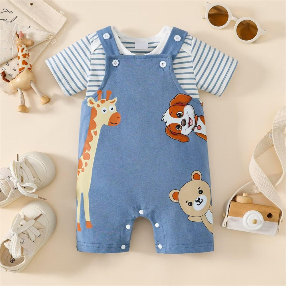 2PCS Cartoon Animal Printed Striped Short Sleeve Baby Set