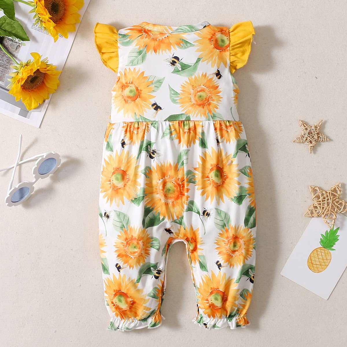 Lovely Sunflower Printed Flutter Sleeve Baby Jumpsuit