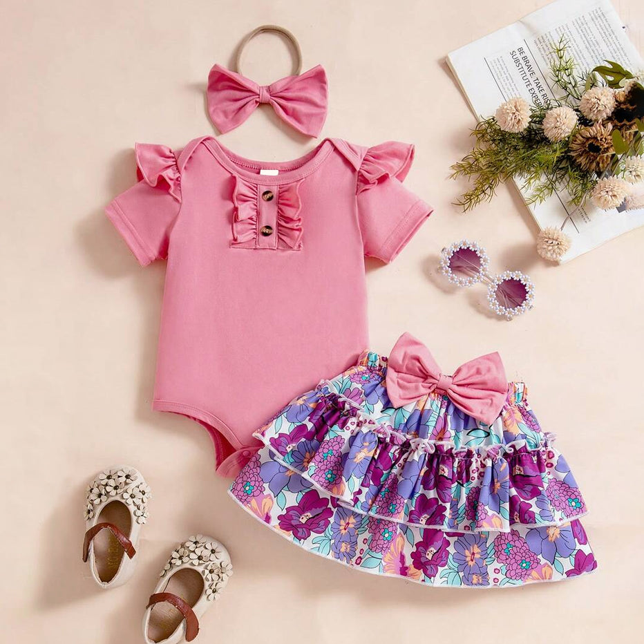 3PCS Vibrant Floral Print Short Sleeve Baby Girl Set