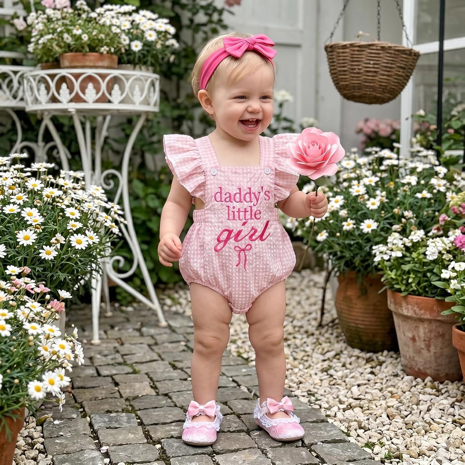 2PCS Daddy's Little Girl Letter Plaid Printed Flounce Sleeve Baby Romper