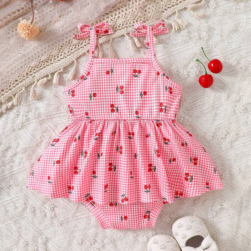 Vibrant Cute Cherry & Plaid Print Sleeveless Baby Romper