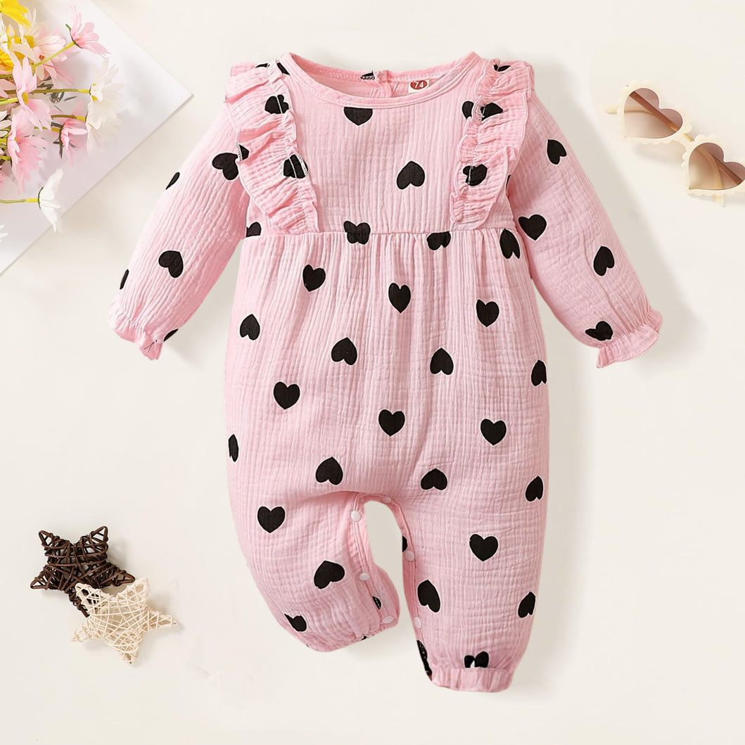 Cute Allover Heart Printed Ruffle Decor Baby Jumpsuit