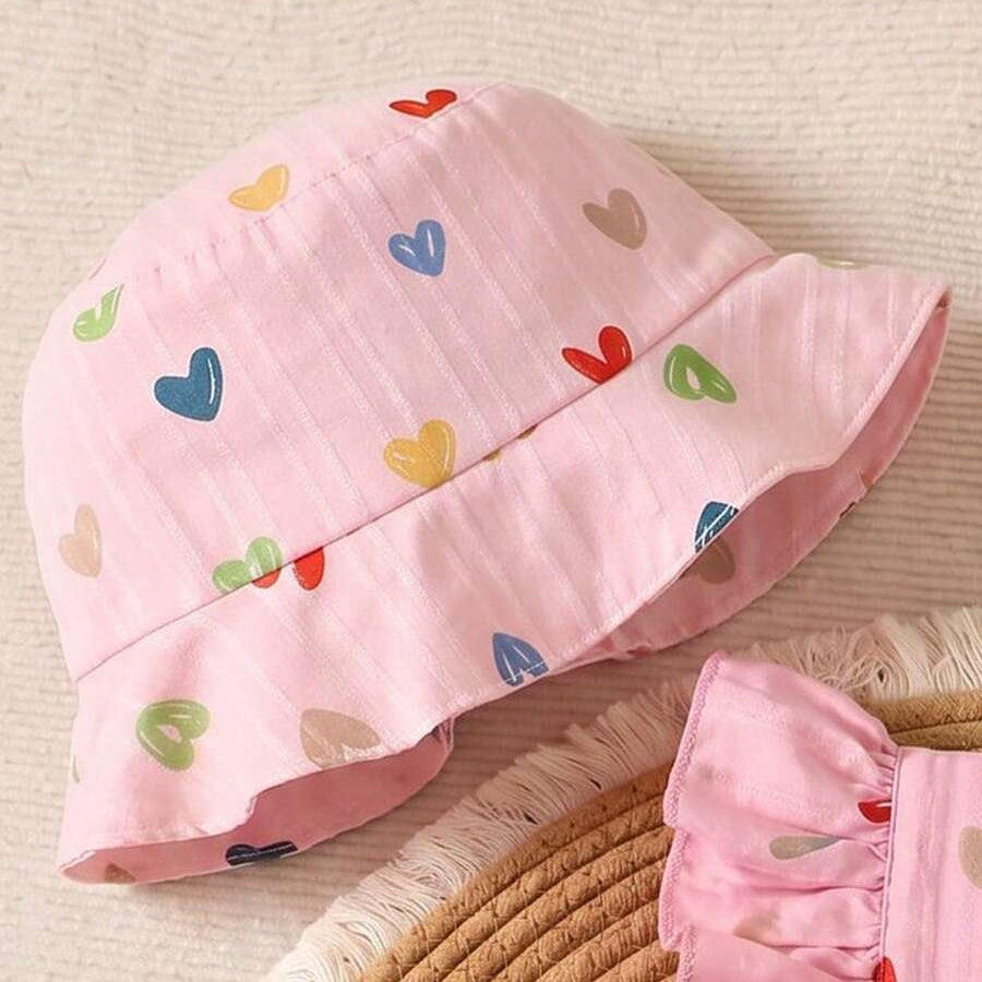 2PCS Classic Heart Print Flutter Sleeve Baby Jumpsuit