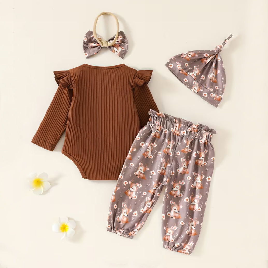 4PCS Hello I'm New Here Deer Letter Floral Printed Baby Set