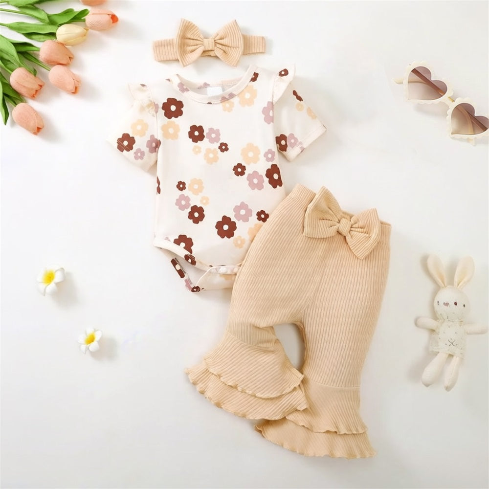 3PCS Casual Cute Floral Printed Short Sleeve Baby Set