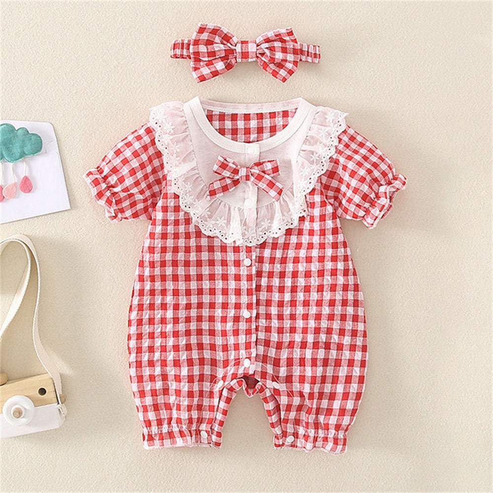 2PCS Stylish Plaid Printed Lace Trim Collar Short Sleeve Baby Jumpsuit