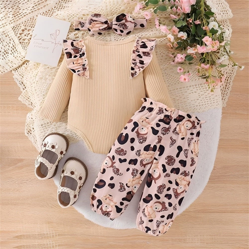 3PCS Lovely Bear Print Ruffle Long Sleeve Baby Set
