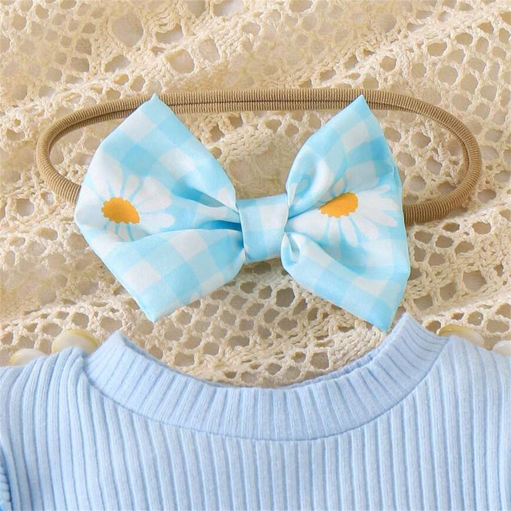 3PCS Trend Floral Printed Plaid Short Sleeve Baby Romper