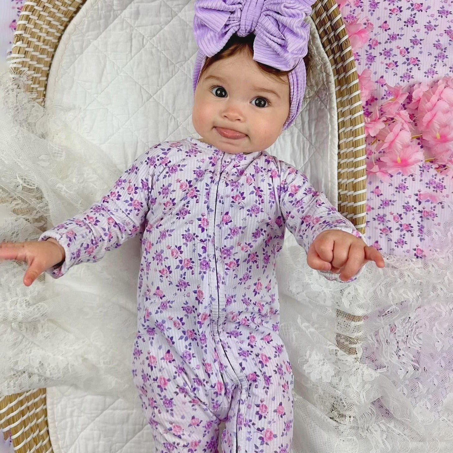 Elegant Floral Printed Long Sleeve Zipper Baby Jumpsuit