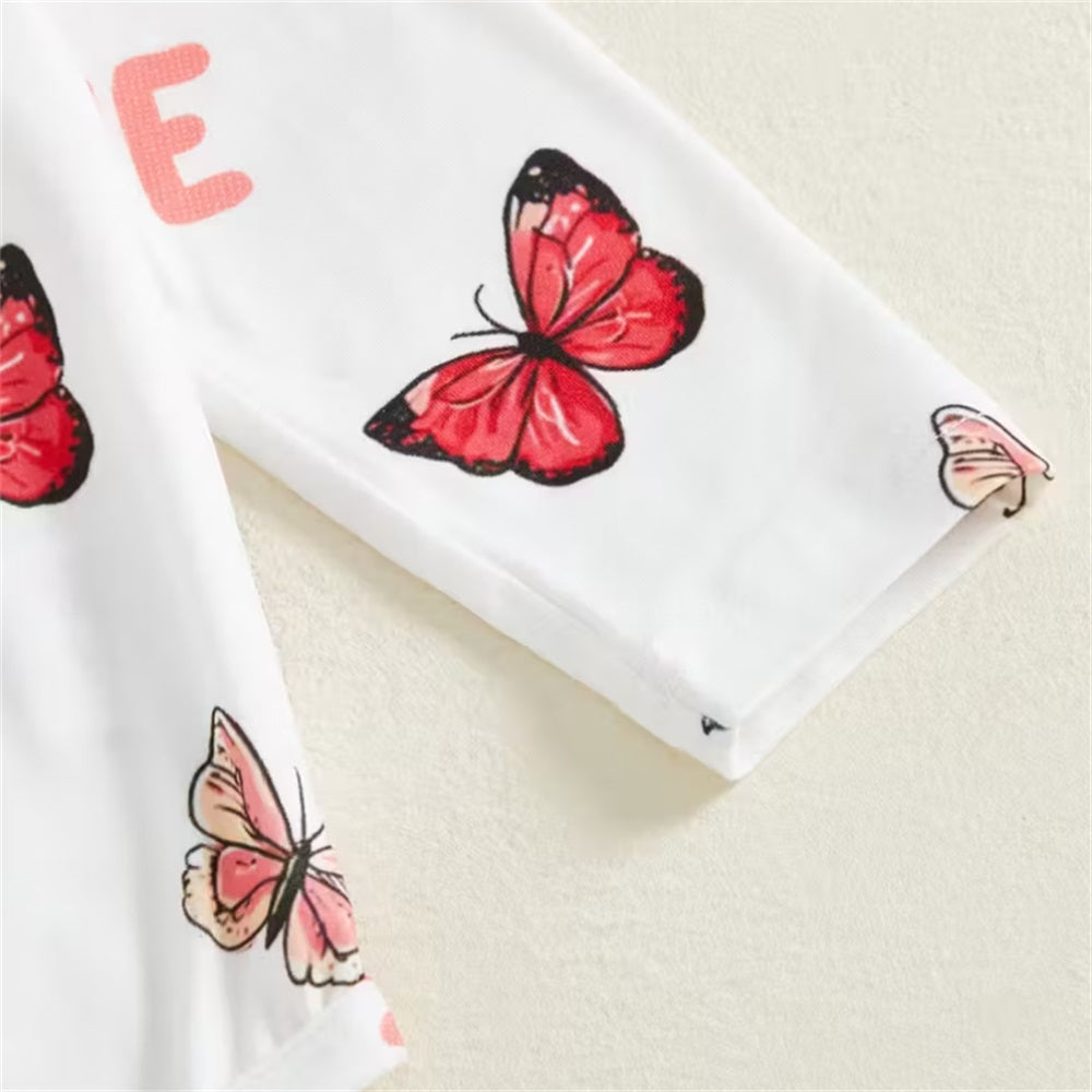 3PCS Butterfly and Rose Print Long Sleeve Baby Set
