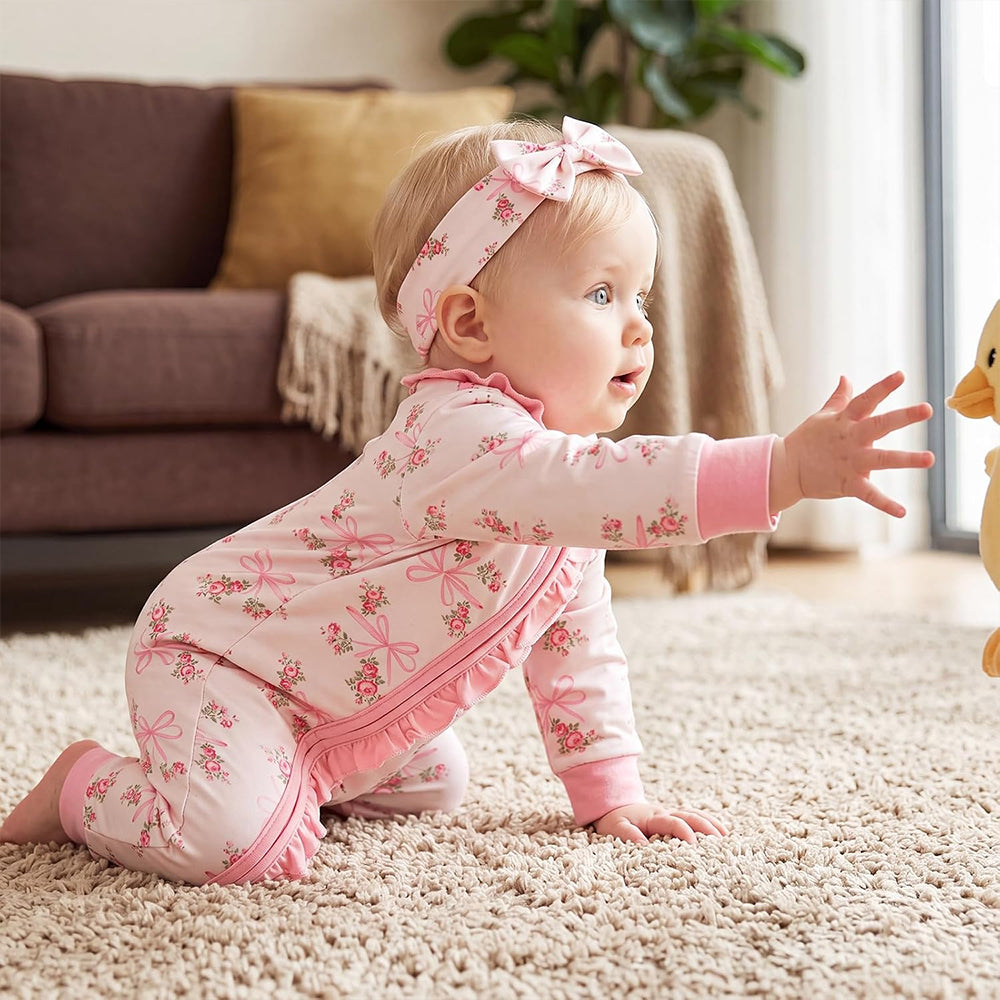 3PCS Delightful Bow Floral Printed Ruffle Zipper Long Sleeve Baby Jumpsuit