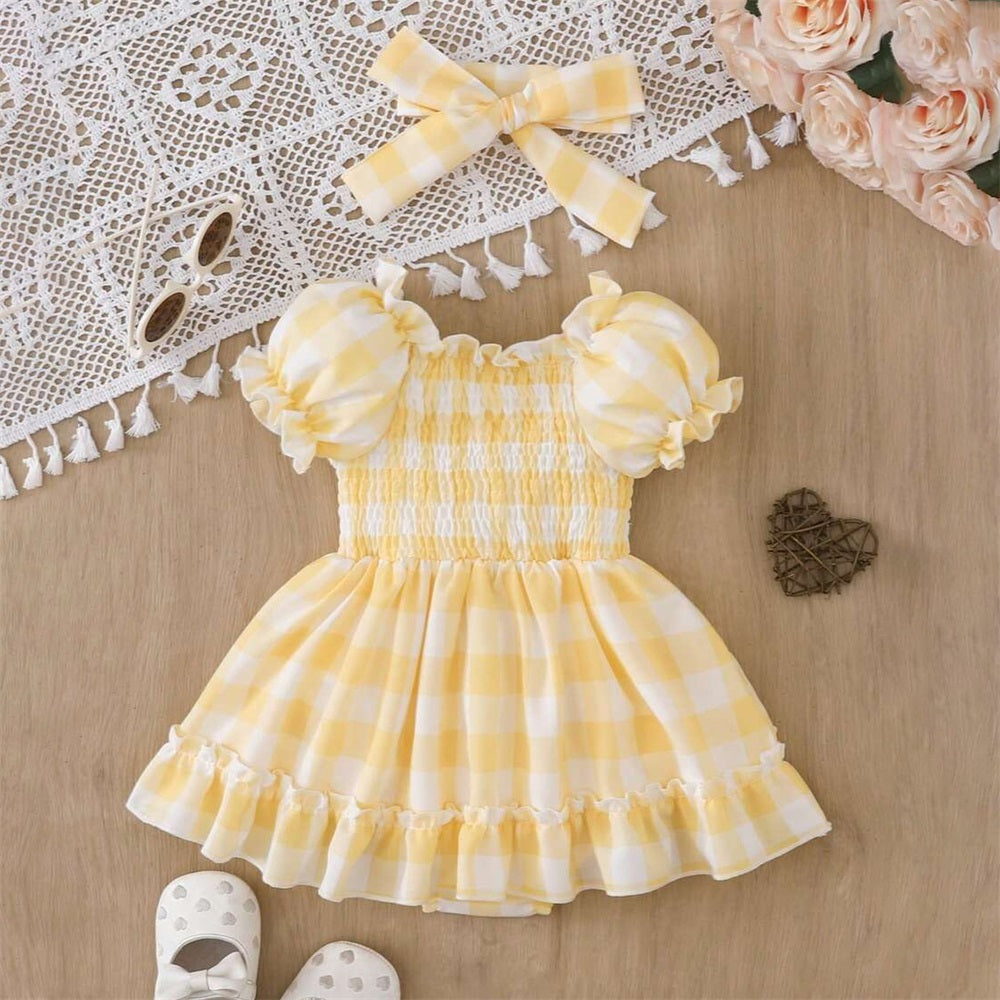2PCS Cute Plaid Printed Short Sleeve Ruffle Hem Baby Romper
