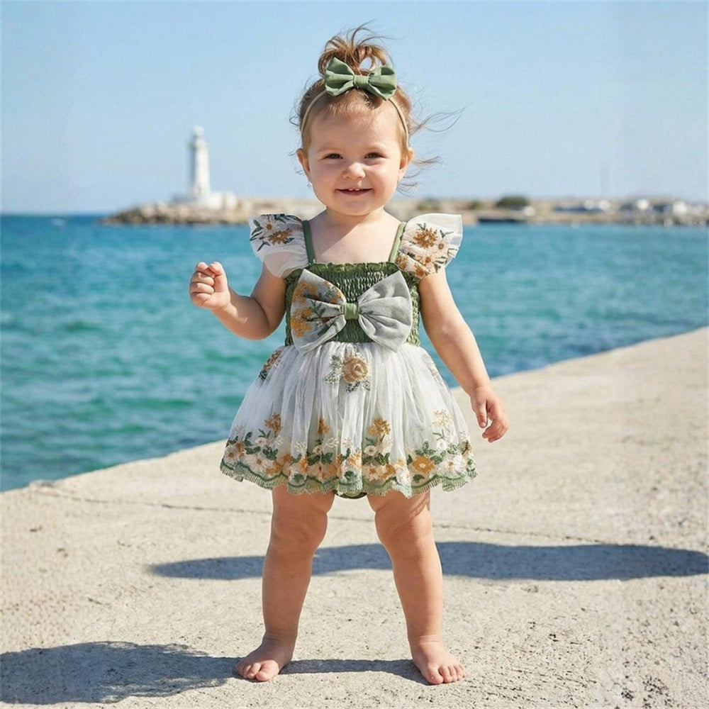 2PCS Casual Floral Embroidery Smocked Bow Flounce Sleeve Baby Romper