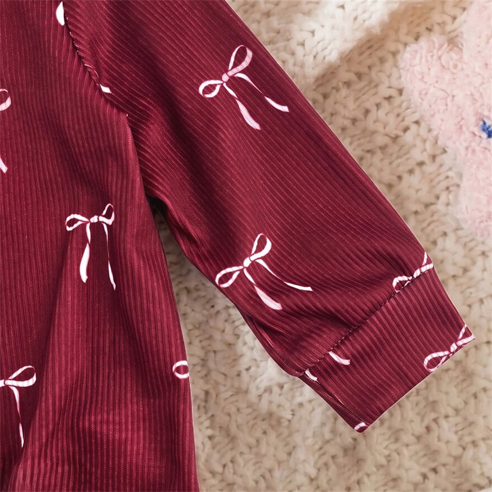 2PCS Grace Bow Print Long Sleeve Zipper Baby Jumpsuit