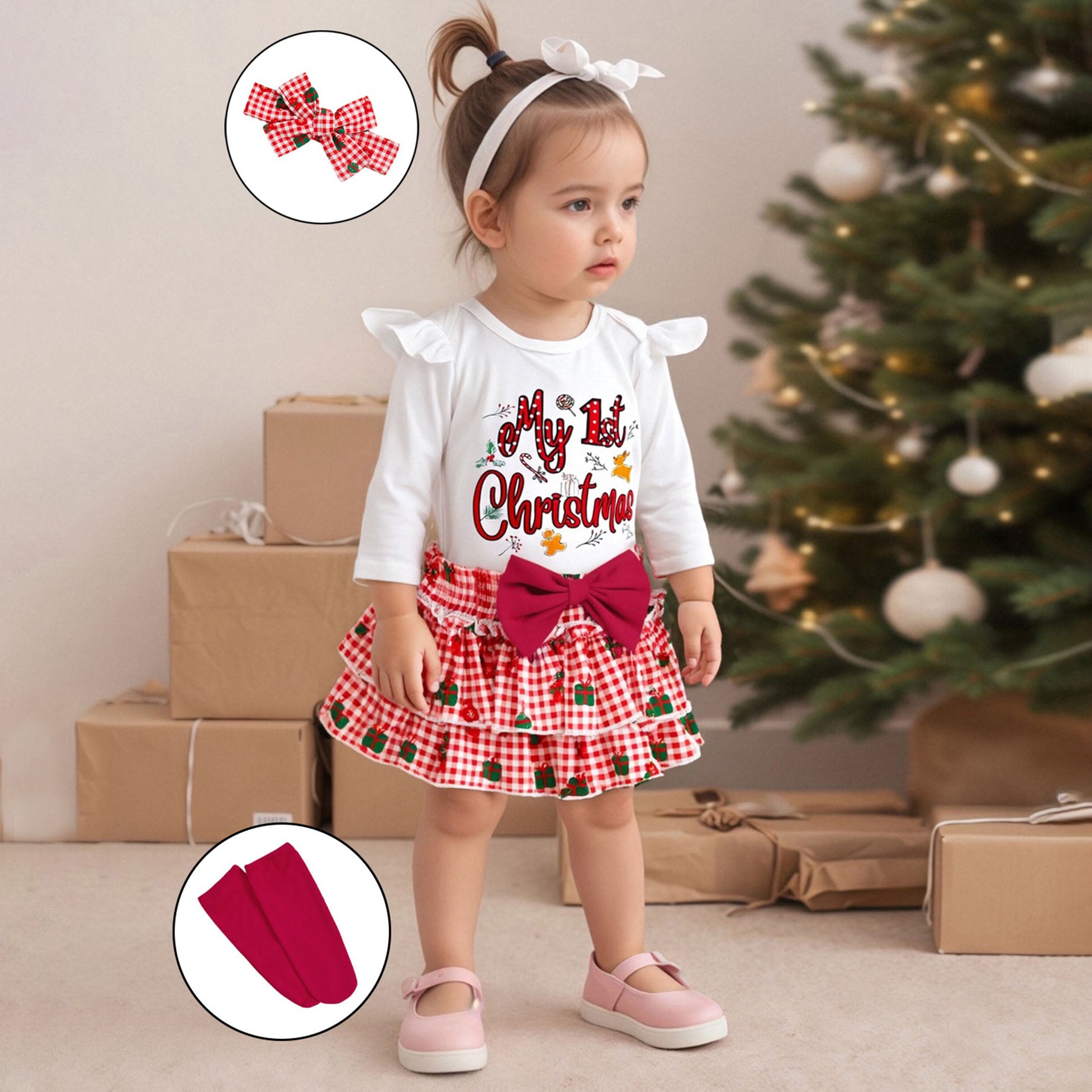 4PCS My 1st Christmas Letter Gift Plaid Print Baby Set