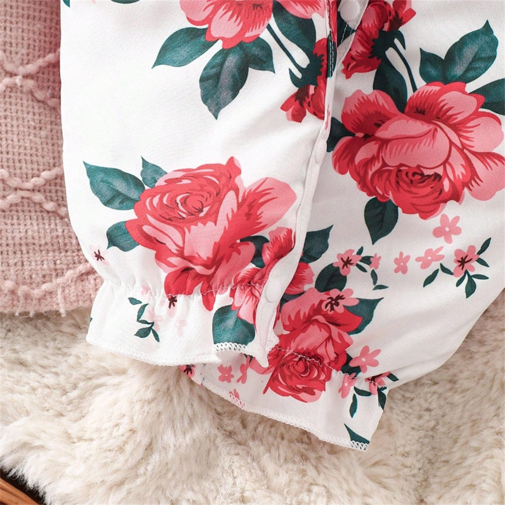 2PCS Trendy Floral Print Long Sleeve Baby Jumpsuit