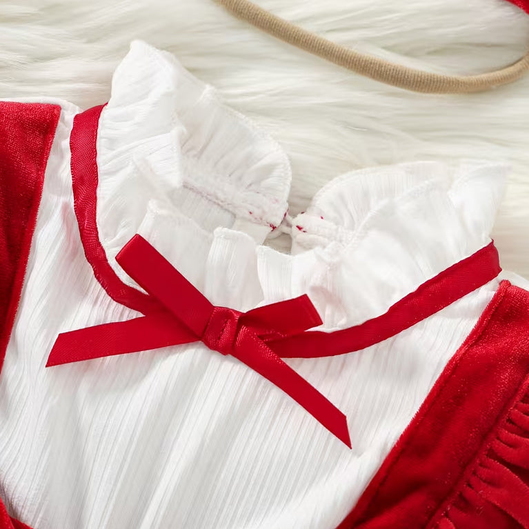 2PCS Christmas Bowknot Decor Long Sleeve Baby Velvet Romper