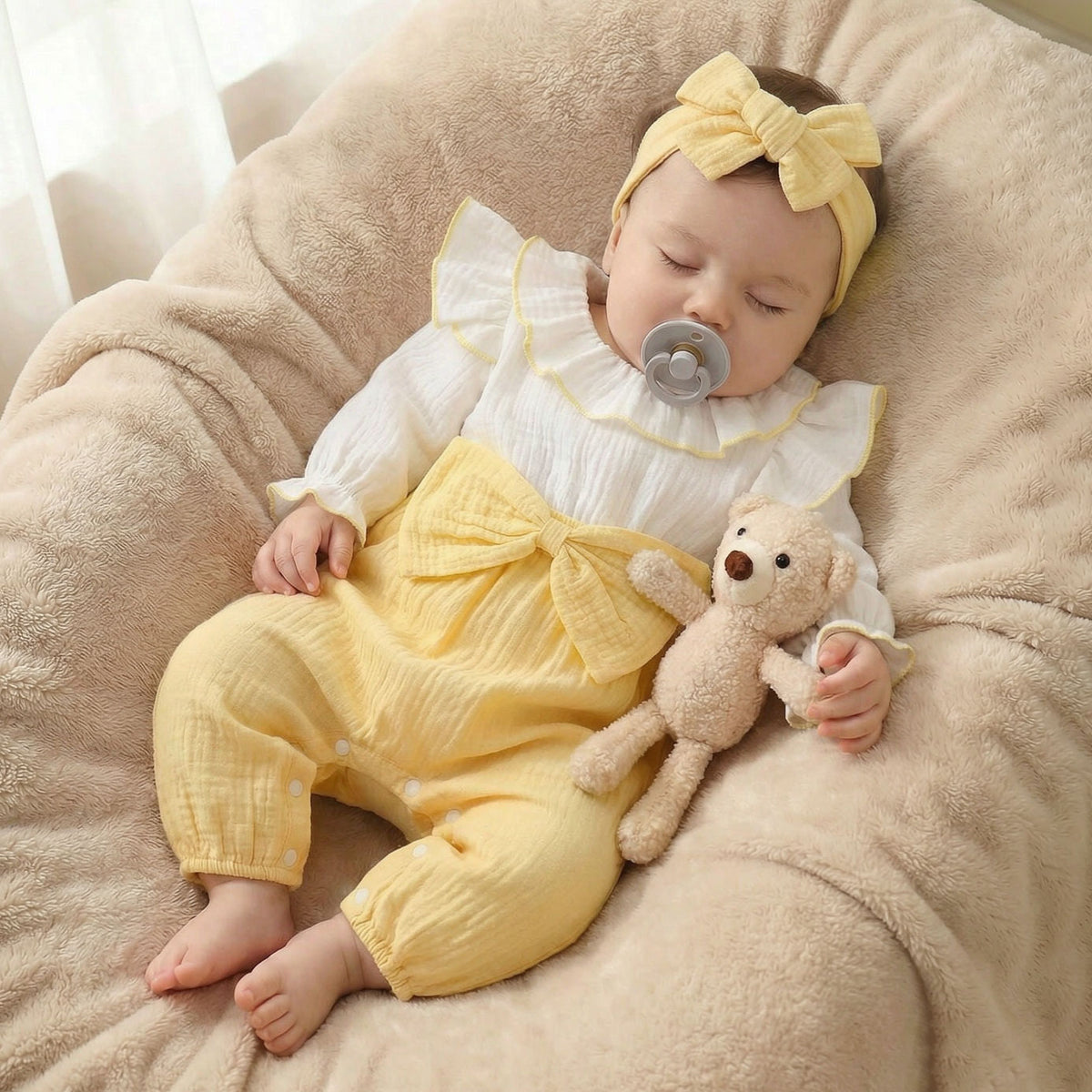 2PCS Sweet Color Block Bow Long Sleeve Baby Girl Jumpsuit