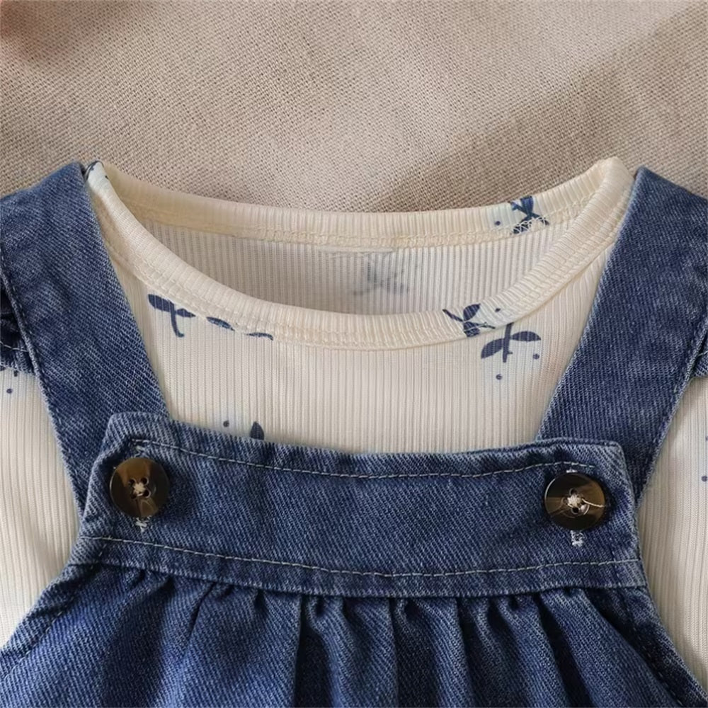 2PCS Floral Print Long Sleeve Baby Denim Overalls Set