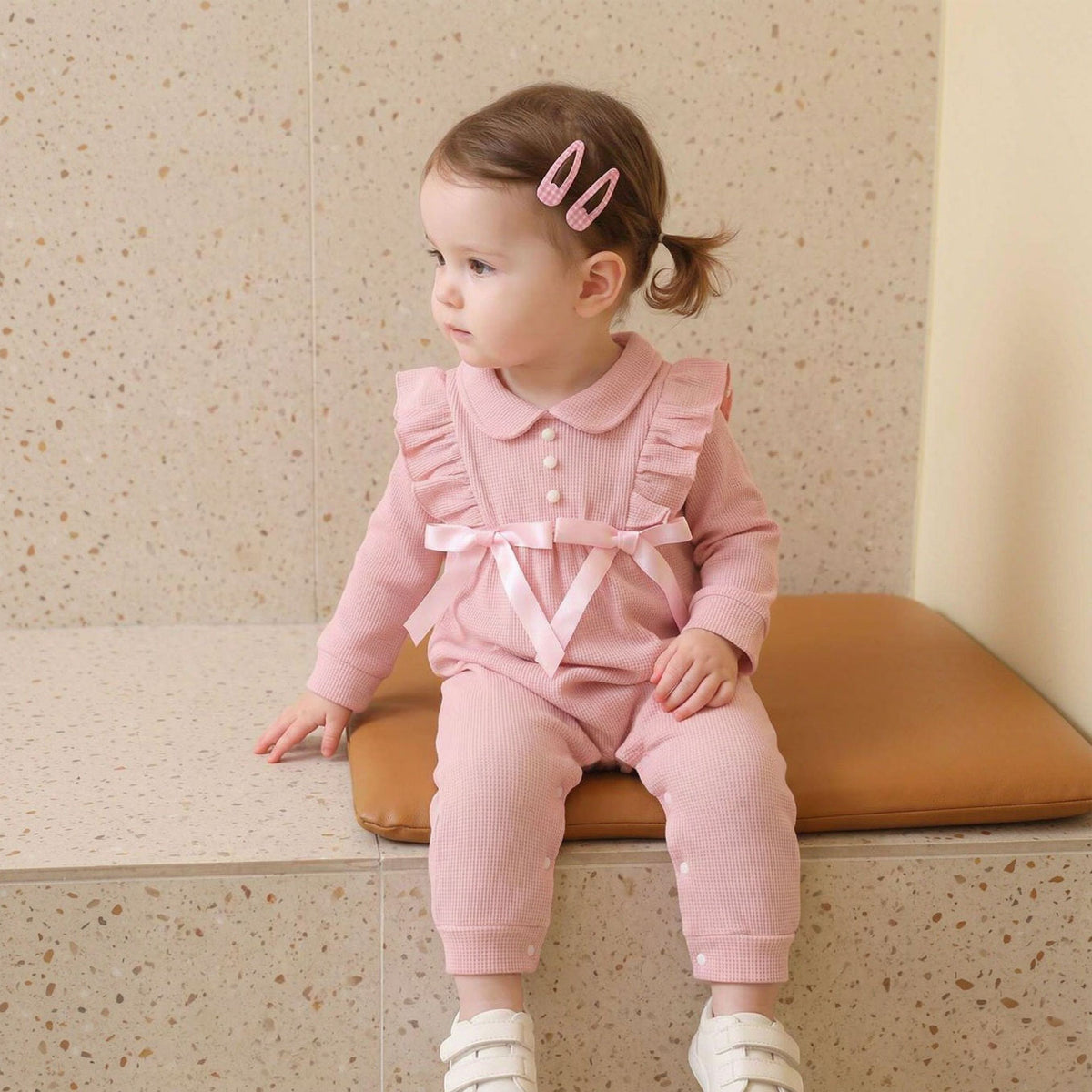 Sweet Solid Color Long Sleeve Bowknot Baby Girl Jumpsuit