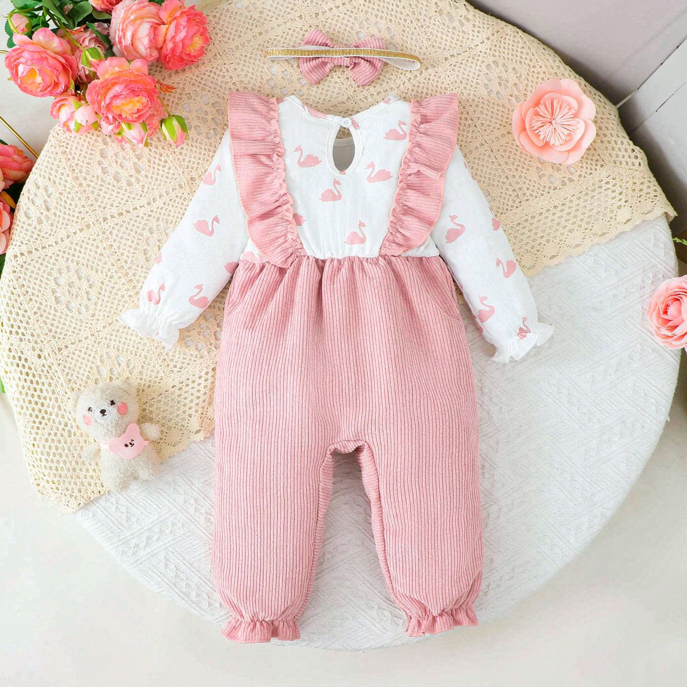 2PCS Cute Swan Printed Long Sleeve Baby Jumpsuit